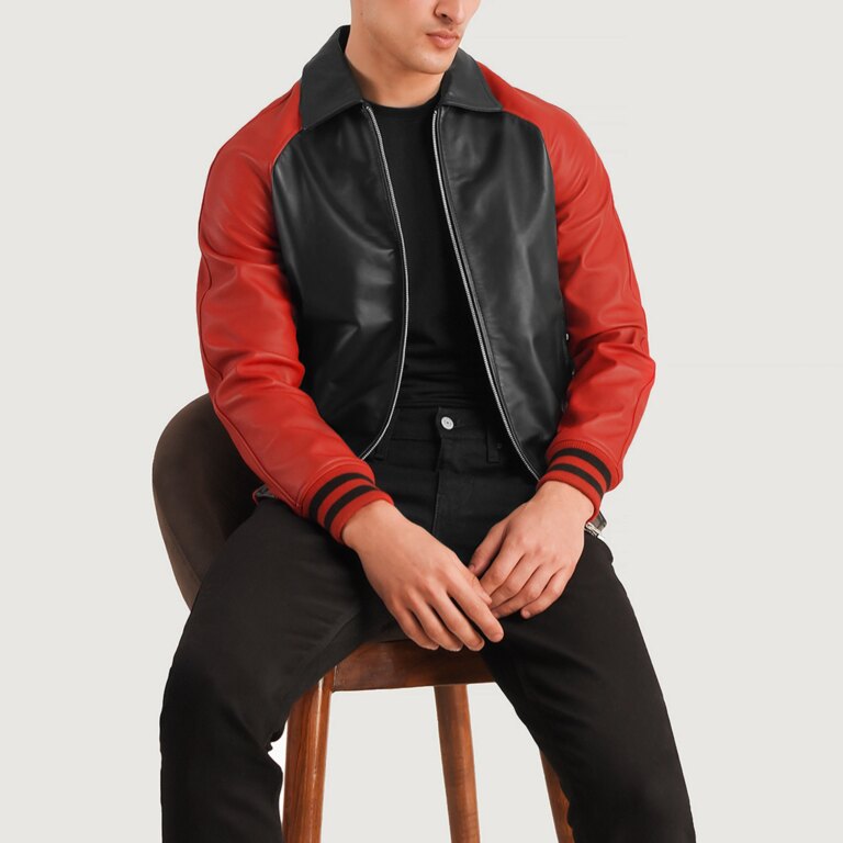 Mens Walton Black & Red Leather Varsity Jacket Open Front-4-1704121589355